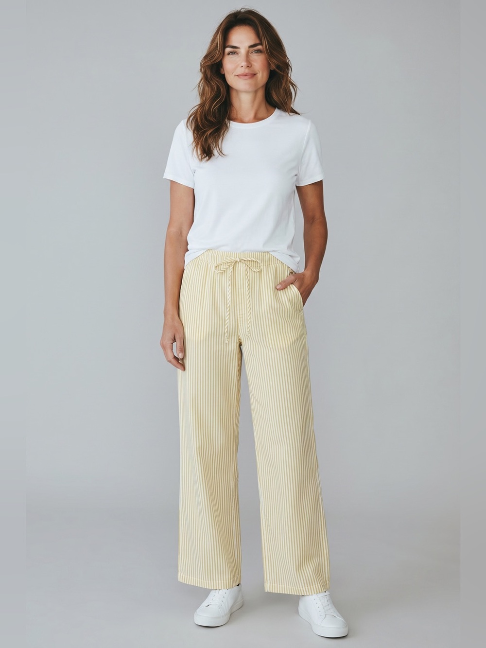 Pull-On Wide Leg Pants in Soft Yellow Stripe